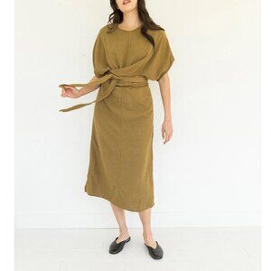 Cotton Gauze Wrap Midi Dress - mustard / chartreuse / golden brown - 2XL